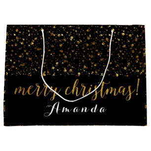 Golden Glitter Black White Merry Christmas Confett Large Gift Bag