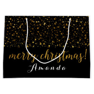 Golden Glitter Black White Merry Christmas Large Gift Bag