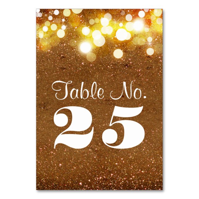 Golden glitter blush string lights table number (Front)