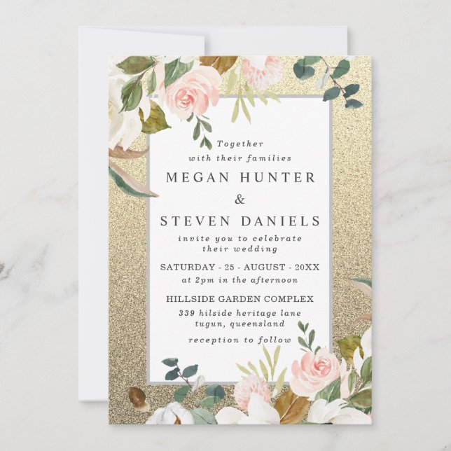 Golden Glitter Blush White Floral Elegant Wedding Invitation (Front)
