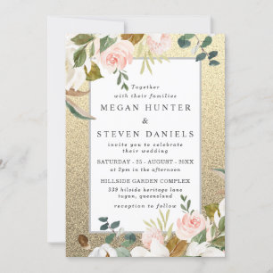 Golden Glitter Blush White Floral Elegant Wedding Invitation