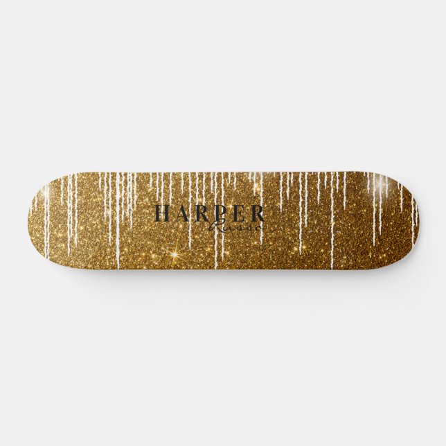 Golden Glitter Custom Name Skateboard (Horz)