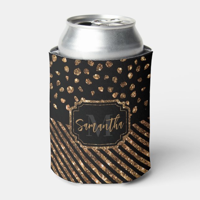 Golden Glitter Dots and Stripes Can Cooler (Can Front)