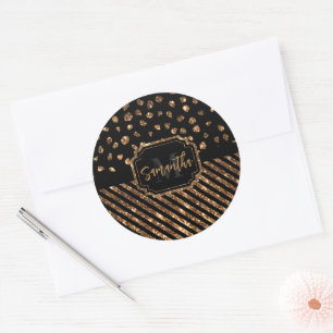 Golden Glitter Dots and Stripes Classic Round Sticker