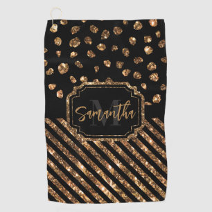 Golden Glitter Dots and Stripes Golf Towel