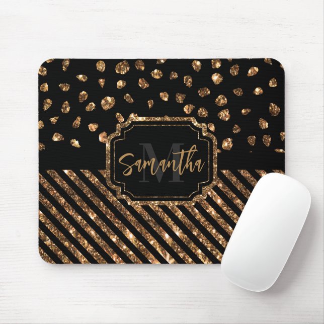 Golden Glitter Dots and Stripes Mouse Mat (With Mouse)