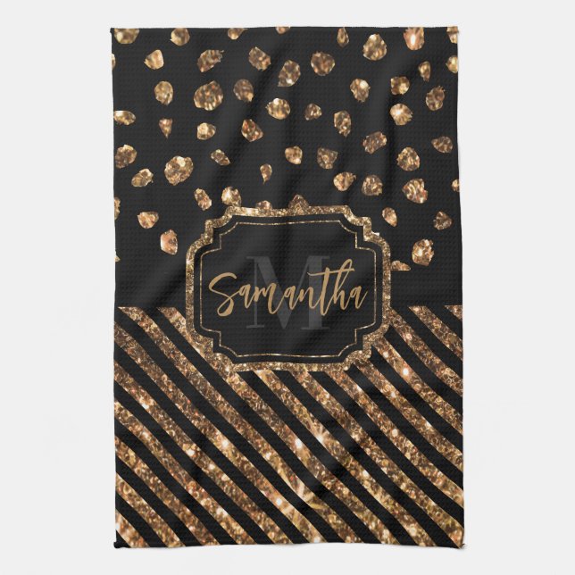 Golden Glitter Dots and Stripes Tea Towel (Vertical)