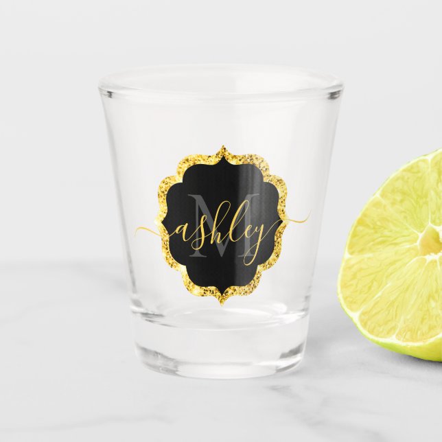 Golden Glitter Dots Monogram Shot Glass (Front)