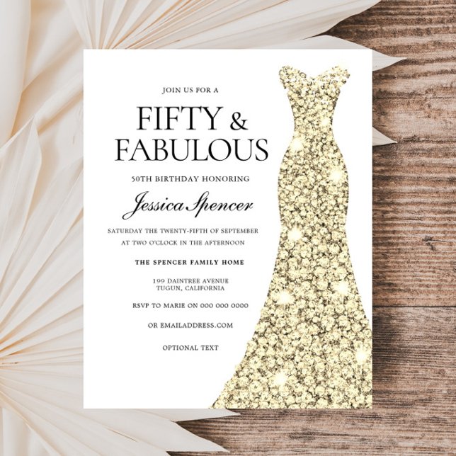 Golden Glitter Dress 50th Birthday Budget Invite (Creator Uploaded)