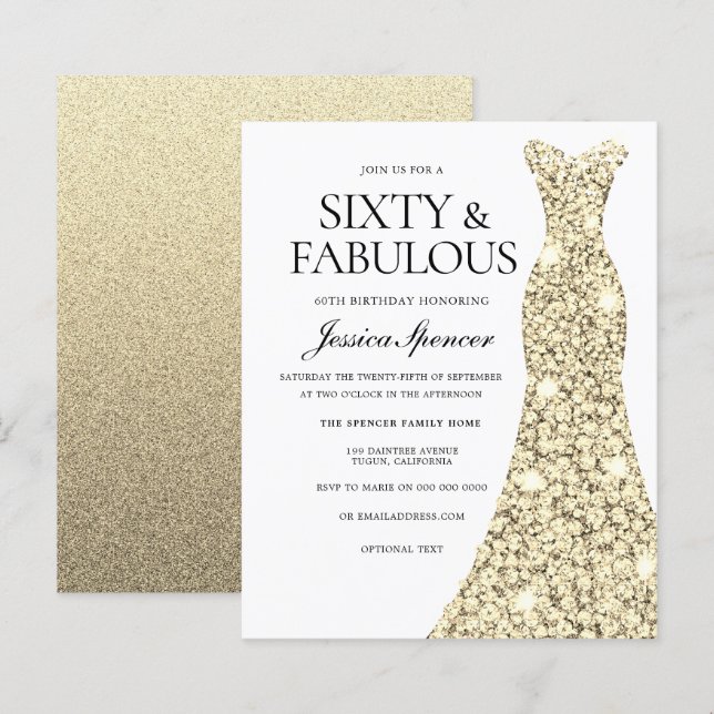 Golden Glitter Dress 60th Birthday Budget Invite (Front/Back)