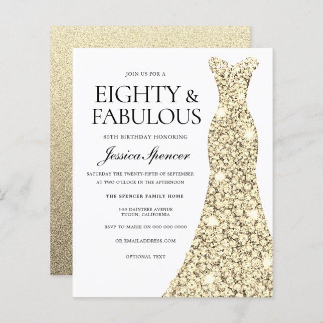 Golden Glitter Dress 80th Birthday Budget Invite (Front/Back)