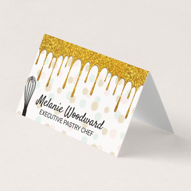 Golden Glitter Drip | Polka Dot and Whisk Business Card (Front)