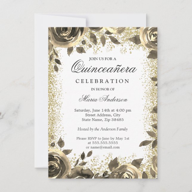 Golden Glitter Floral Modern Quinceanera Party Invitation (Front)