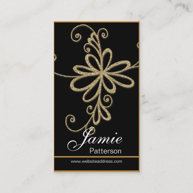 Golden Glitter Flower Vertical Business Cards (Front)