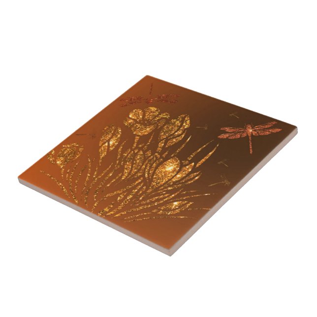 Golden Glitter Flowers & Dragonflies - Gold Luxury Tile (Side)