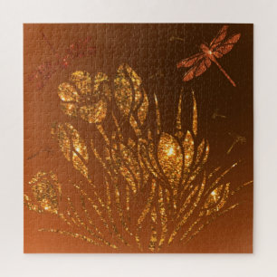 Golden Glitter Flowers & Dragonflies Jigsaw Puzzle