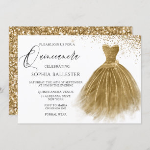 Golden Glitter Gold Gown Dress Quinceanera Invitation