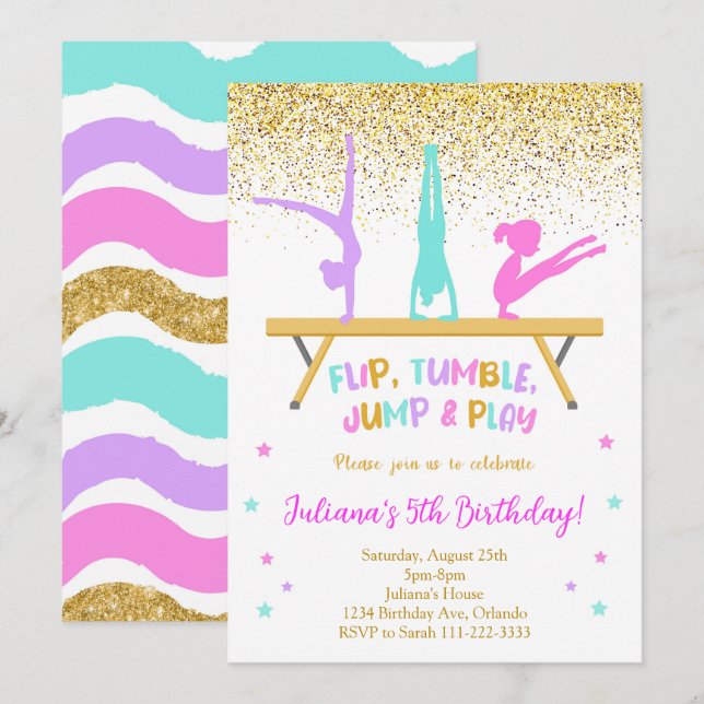 Golden Glitter Gymnastic Kids Birthday Invitation (Front/Back)