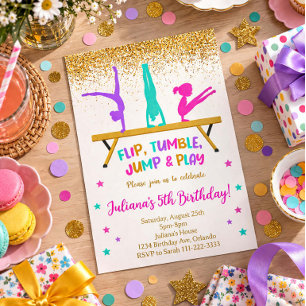 Golden Glitter Gymnastic Kids Birthday Invitation