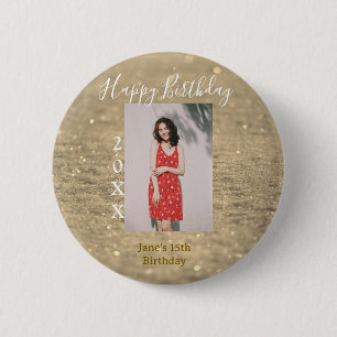 Golden glitter happy 15th birthday photo name year 6 cm round badge