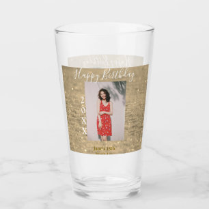 Golden glitter happy 15th birthday photo name year glass