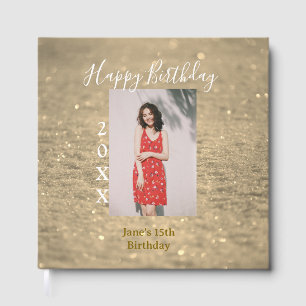 Golden glitter happy 15th birthday photo name year guest book