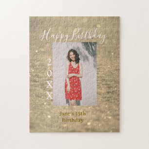 Golden glitter happy 15th birthday photo name year jigsaw puzzle