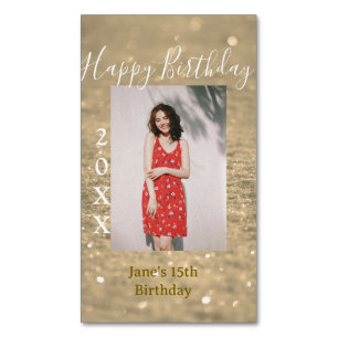 Golden glitter happy 15th birthday photo name year Magnetic business card