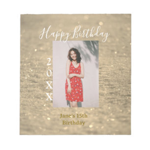 Golden glitter happy 15th birthday photo name year notepad