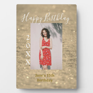 Golden glitter happy 15th birthday photo name year plaque