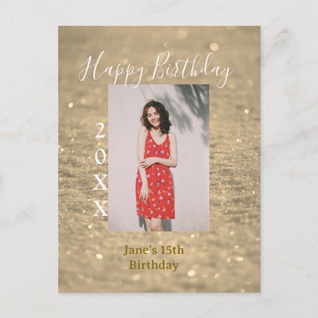 Golden glitter happy 15th birthday photo name year postcard (Front)