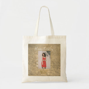 Golden glitter happy 15th birthday photo name year tote bag