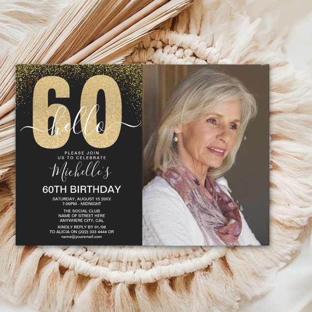 Golden Glitter "Hello 60" Photo Birthday Women Invitation (Creator Uploaded)