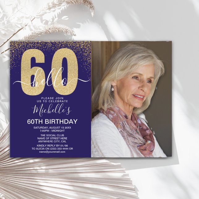 Golden Glitter "Hello 60" Photo Birthday Women Invitation (Creator Uploaded)