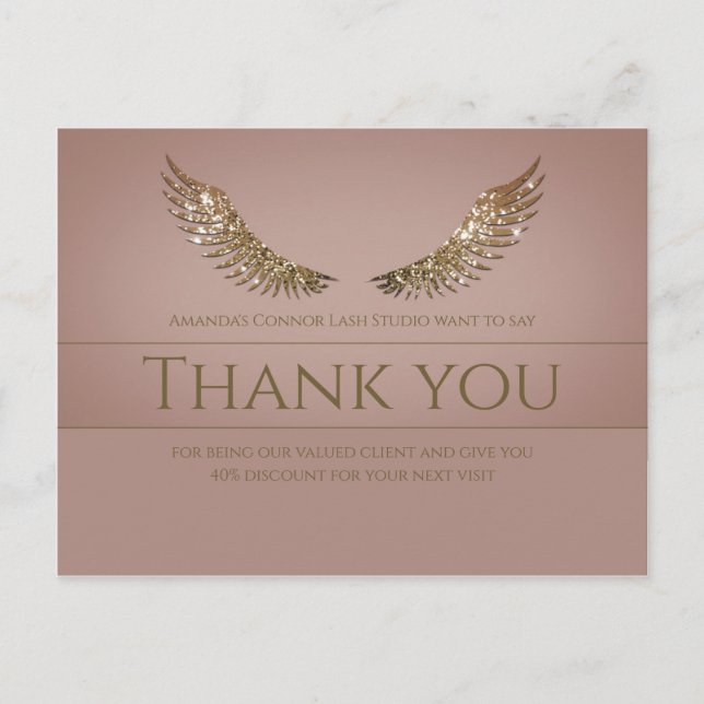 Golden Glitter Lash Wings Thank You Rose Discount Postcard (Front)