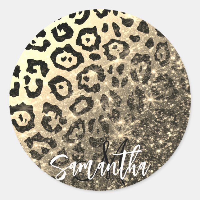 Golden Glitter Leopard Print Classic Round Sticker (Front)