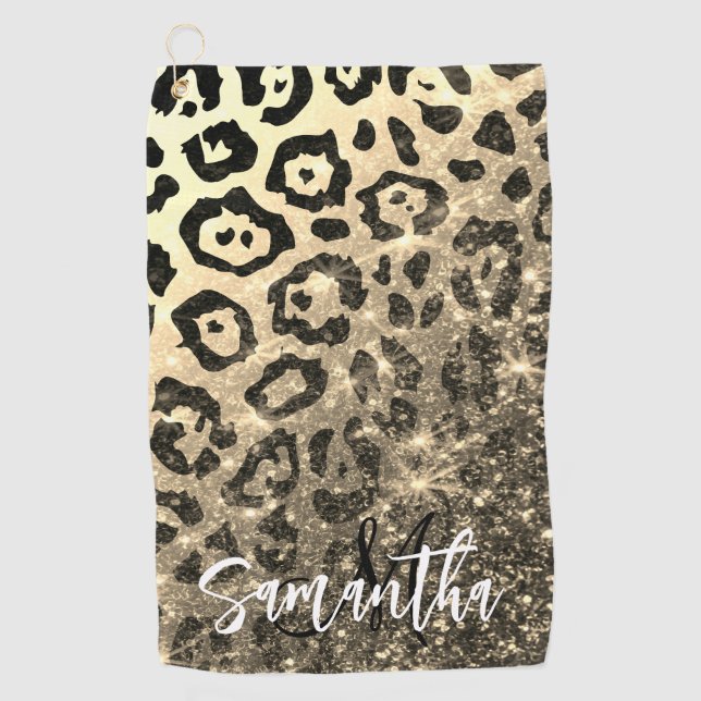 Golden Glitter Leopard Print Golf Towel (Front)