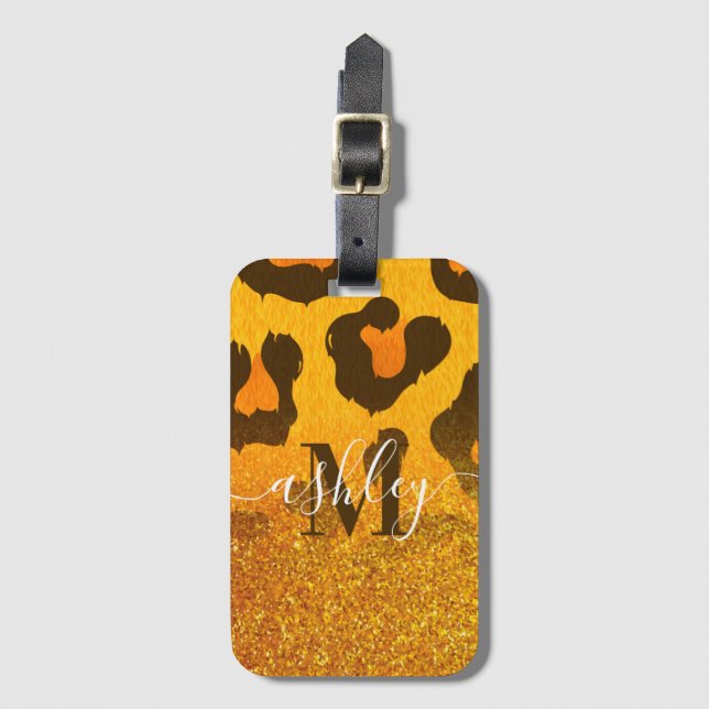 Golden Glitter Leopard Print Luggage Tag (Front Vertical)