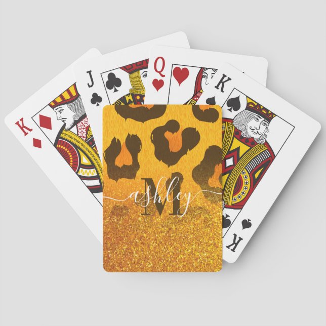 Golden Glitter Leopard Print Playing Cards (Back)