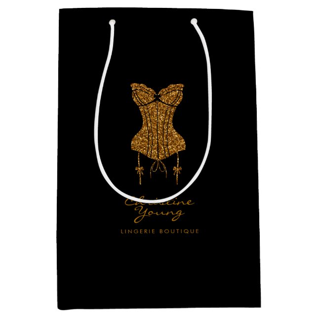 Golden Glitter Lingerie Boutique Logo Business Medium Gift Bag (Front)