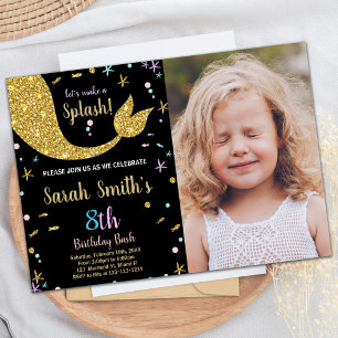 Golden Glitter Mermaid Tail Birthday with photo Invitation