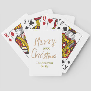 Golden glitter merry christmas add family name yea playing cards