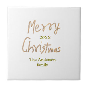 Golden glitter merry christmas add family name yea tile