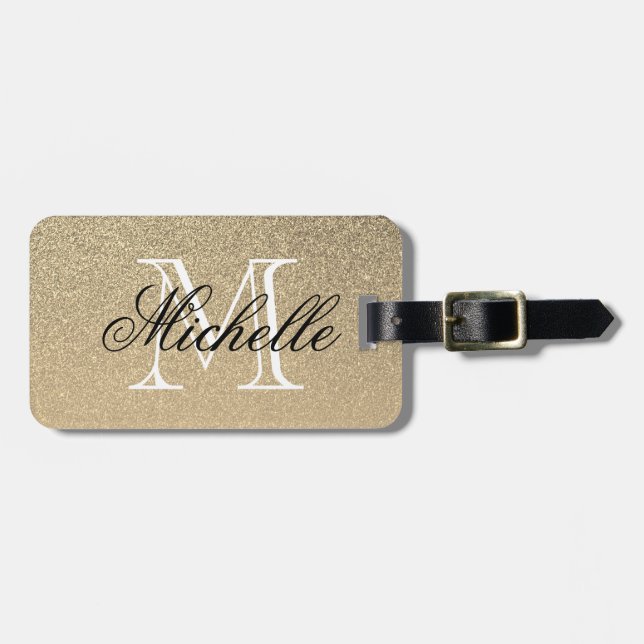Golden Glitter Monogram Luggage Tag (Front Horizontal)
