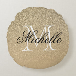Golden Glitter Monogram Round Cushion