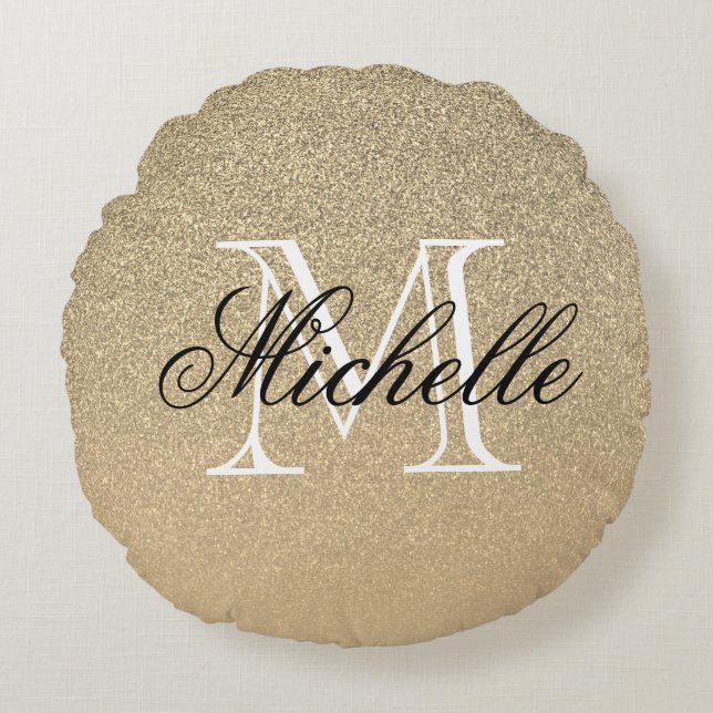 Golden Glitter Monogram Round Cushion (Front)