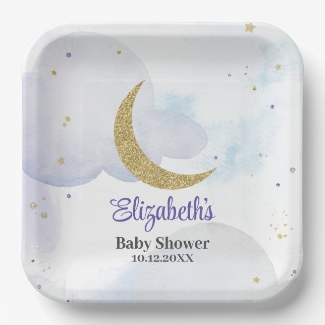 Golden Glitter Moon Baby Shower  Paper Plate (Front)