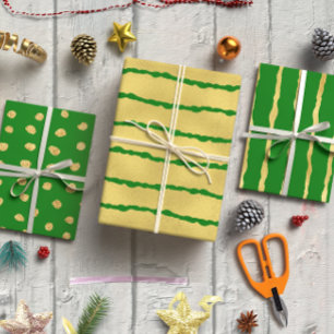 Golden glitter on green Christmas set of 3 Wrapping Paper Sheet