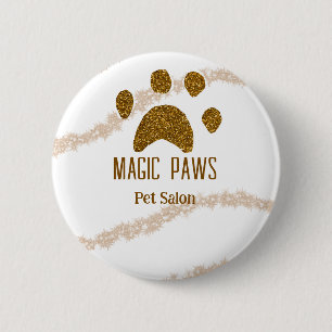 Golden glitter paws pet salon add name email websi 6 cm round badge