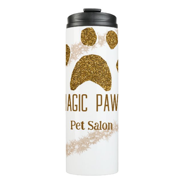 Golden glitter paws pet salon add name email websi thermal tumbler (Front)